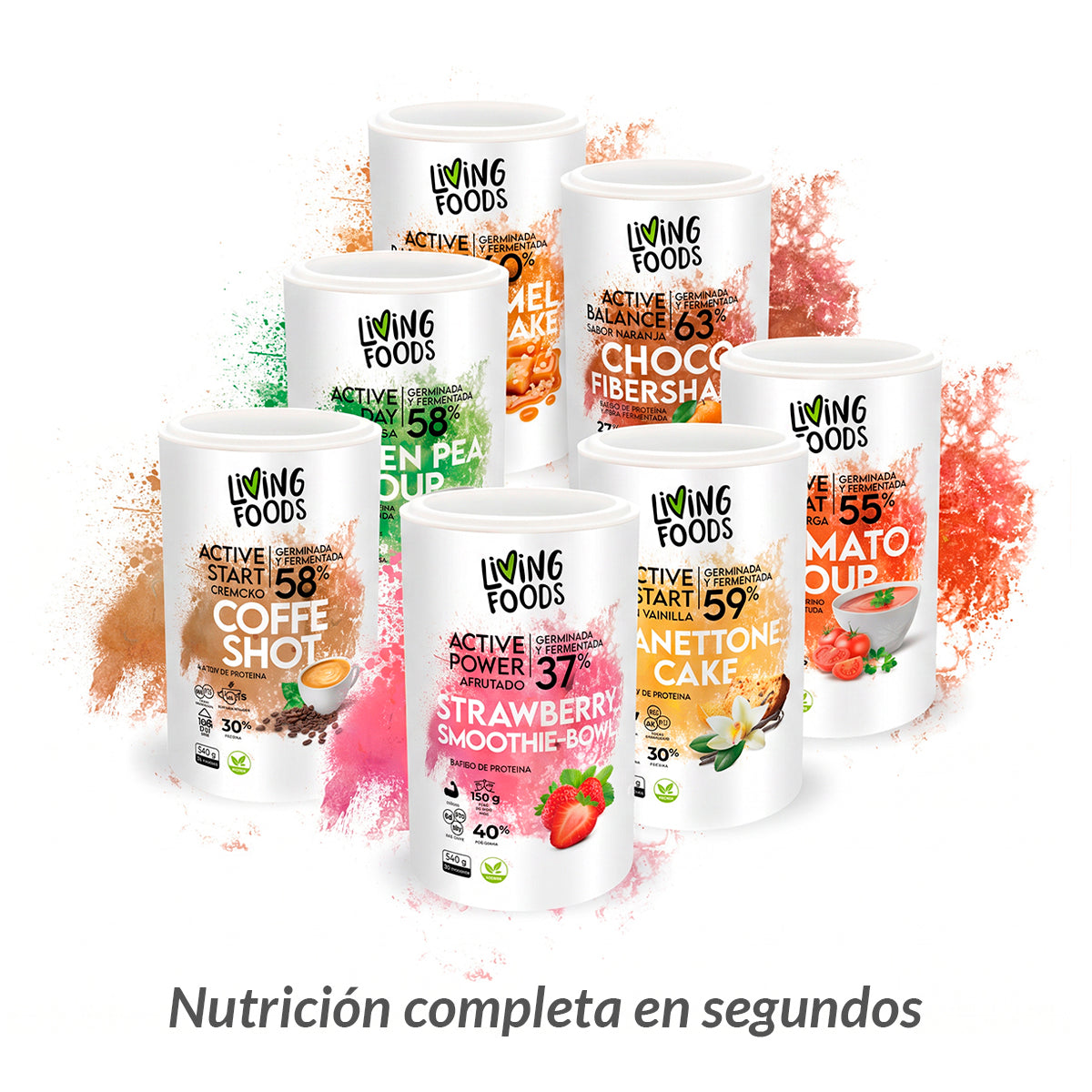 Productos Active de Living Foods con proteínas vegetales y fibras fermentadas.