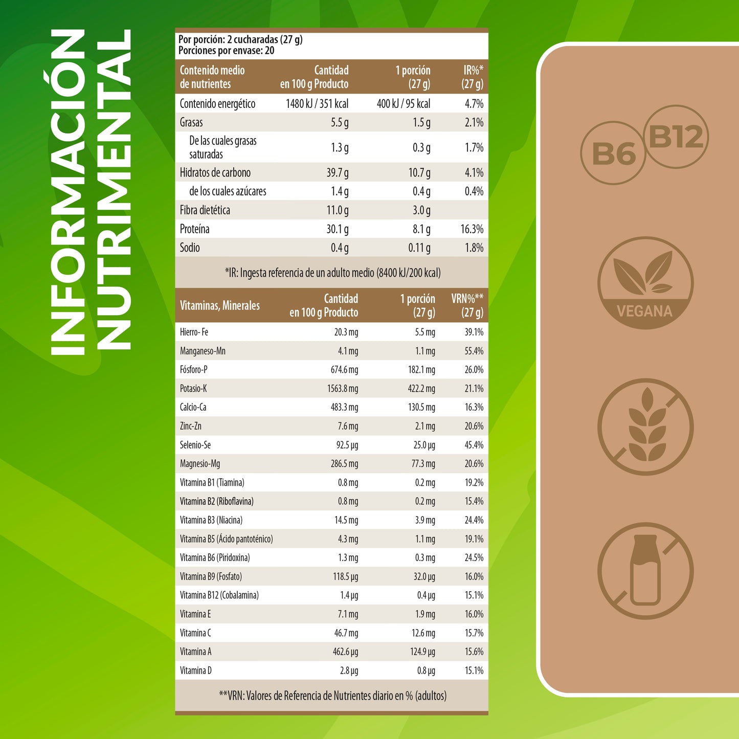 Información nutricional del batido de proteína vegetal sabor coffe shot Living Foods.
