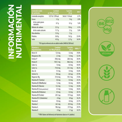 Información nutricional del batido de proteína vegetal sabor chícharo green pea soup Living Foods.