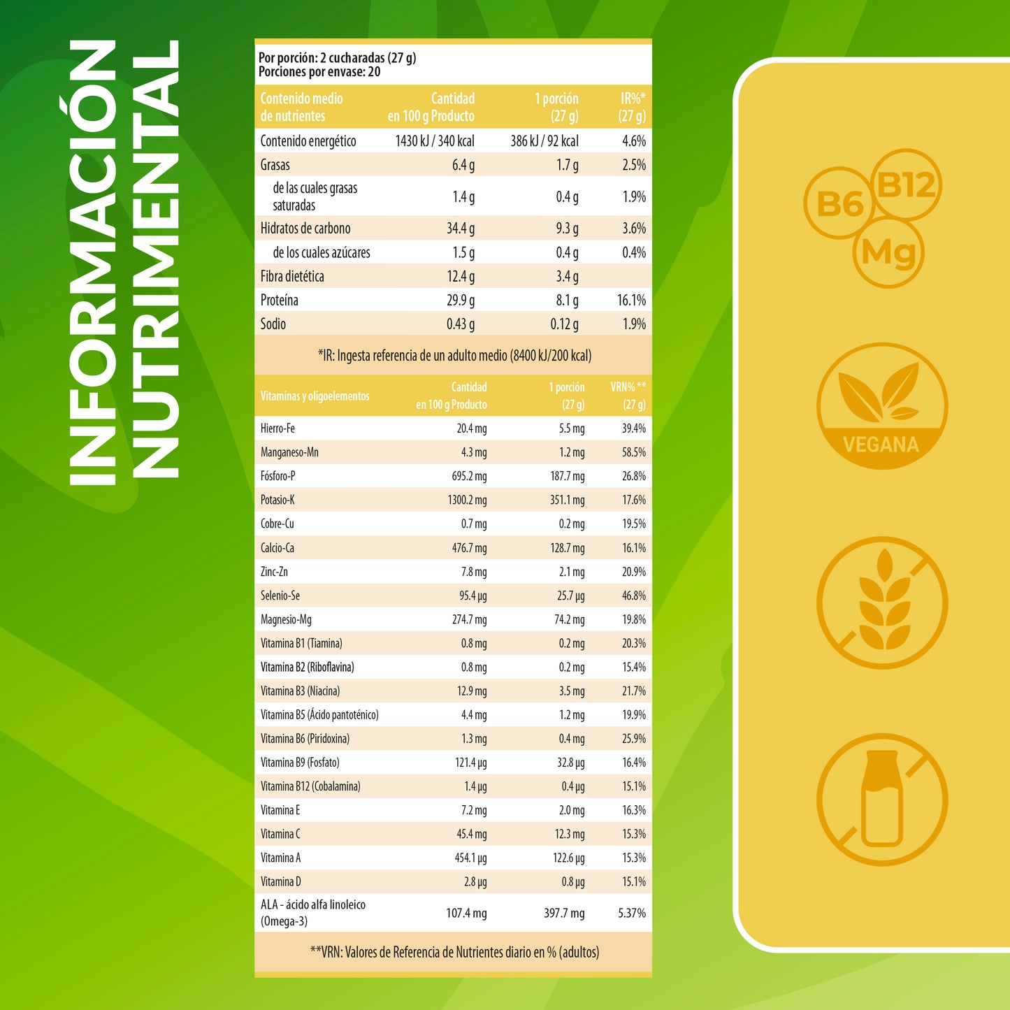 Información nutricional del batido de proteína vegetal sabor Panettone cake Living Foods.