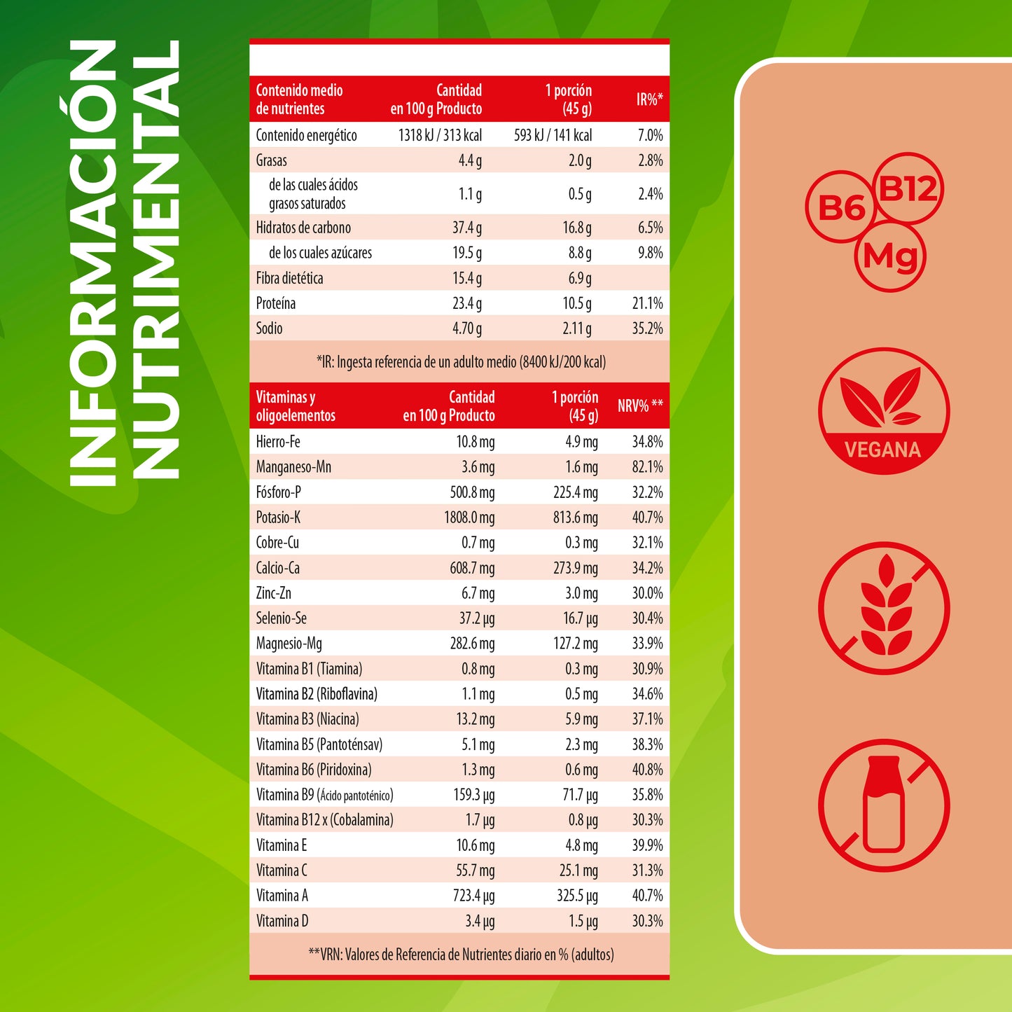 Información nutricional del batido de proteína vegetal sabor tomate tomato soup Living Foods.