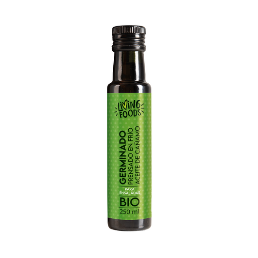 Aceite de cáñamo germinado ecológico prensado en frío de Living Foods, rico en omega 3 y vitamina E.