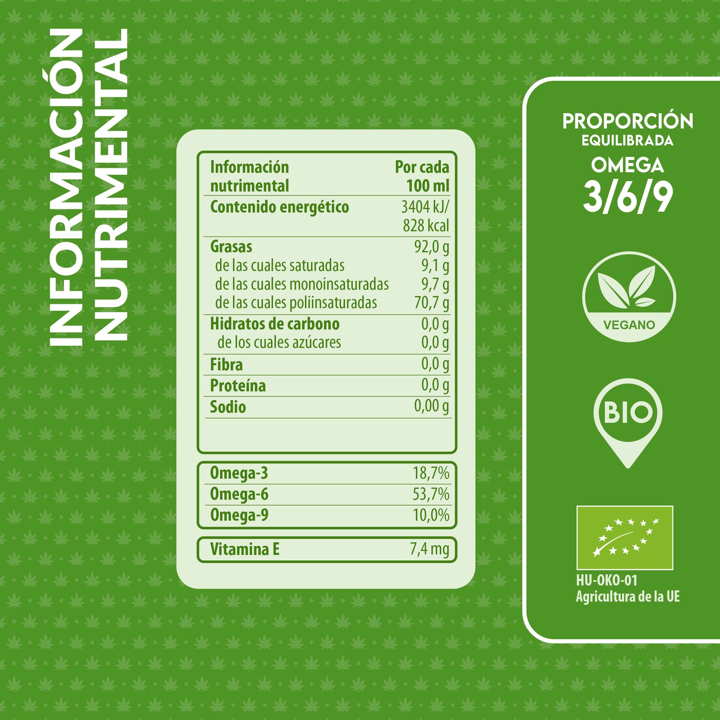 Información nutricional del aceite de cáñamo germinado ecológico Living Foods con omega 3 y vitamina E.