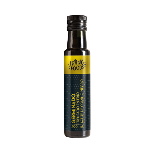 Aceite de comino negro germinado ecológico prensado en frío de Living Foods, elaborado con Nigella Sativa.