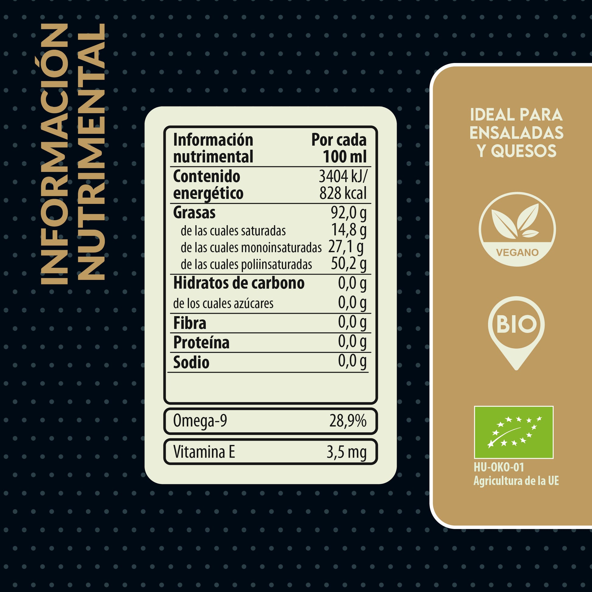 Información nutricional del aceite de comino negro germinado ecológico Living Foods.