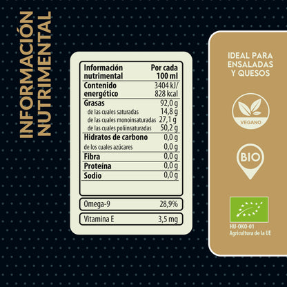 Información nutricional del aceite de comino negro germinado ecológico Living Foods.