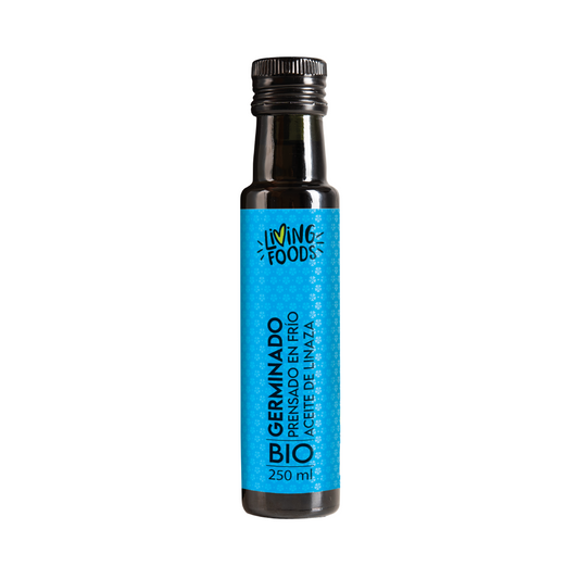 Aceite de linaza germinado ecológico prensado en frío de Living Foods, rico en omega 3 vegetal.