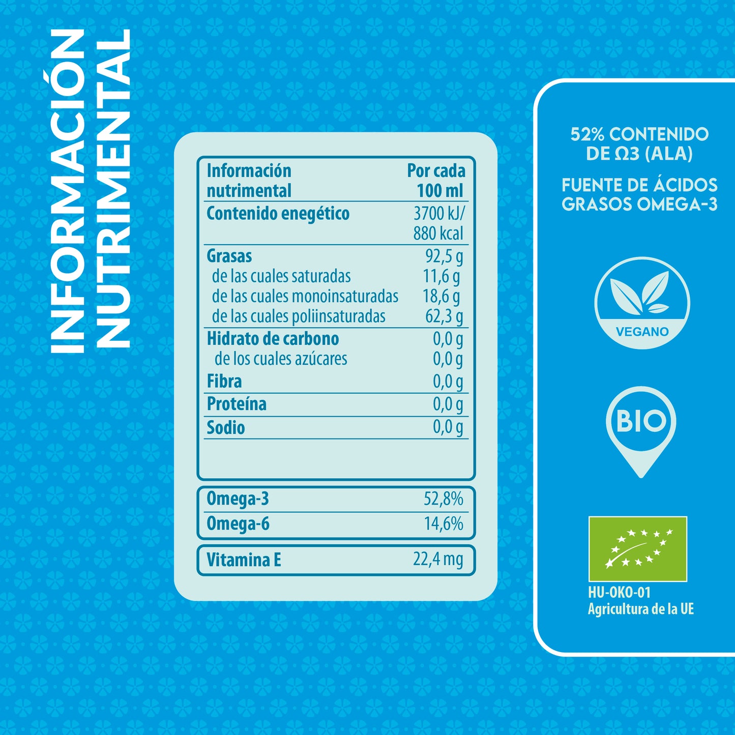 Información nutricional del aceite de linaza ecológico germinado Living Foods.