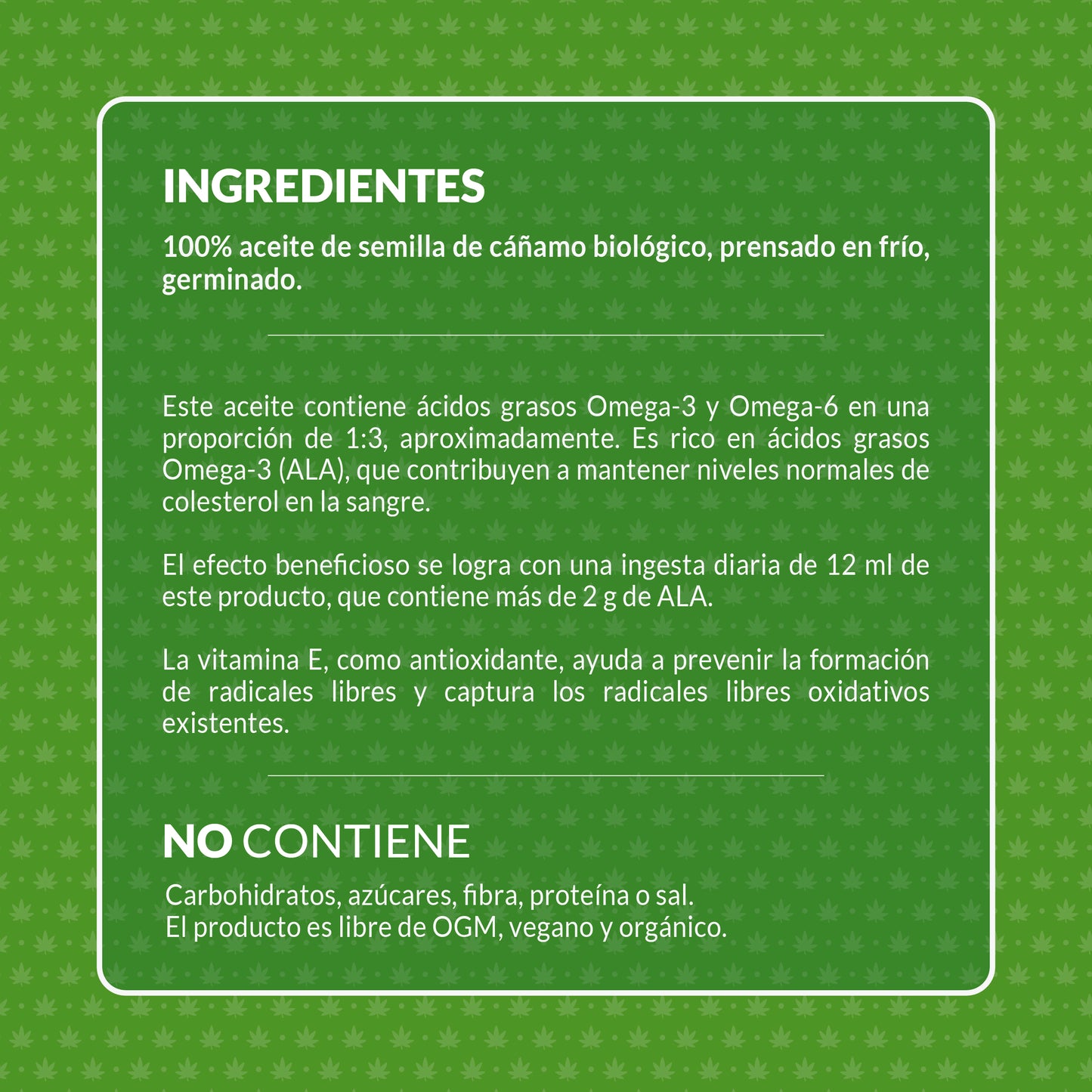 Ingredientes y beneficios del aceite de cáñamo germinado ecológico Living Foods.