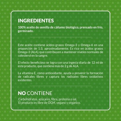 Ingredientes y beneficios del aceite de cáñamo germinado ecológico Living Foods.