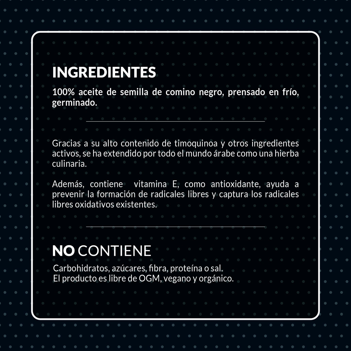 Ingredientes y beneficios del aceite de comino negro germinado ecológico elaborado con Nigella Sativa.