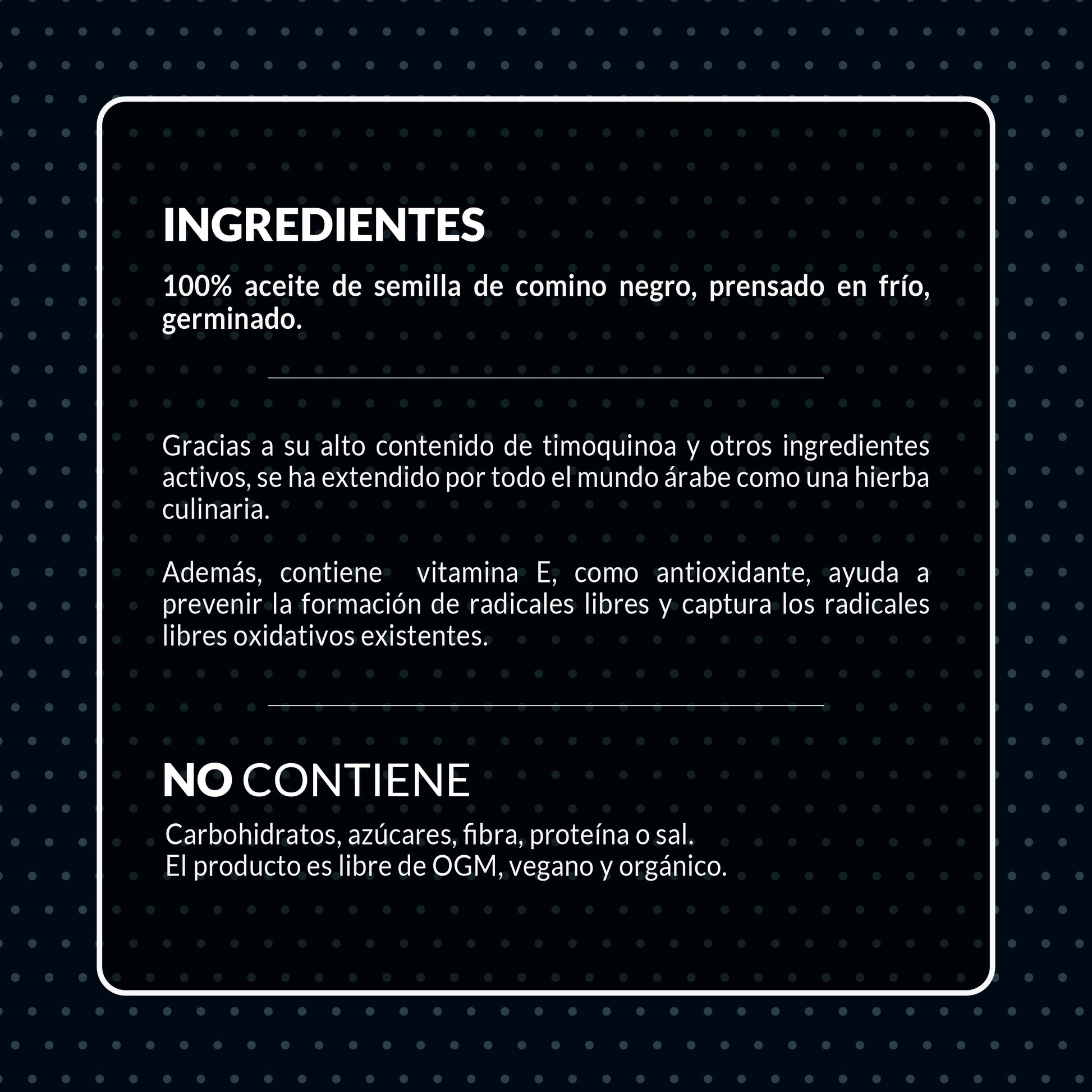 Ingredientes y beneficios del aceite de comino negro germinado ecológico elaborado con Nigella Sativa.