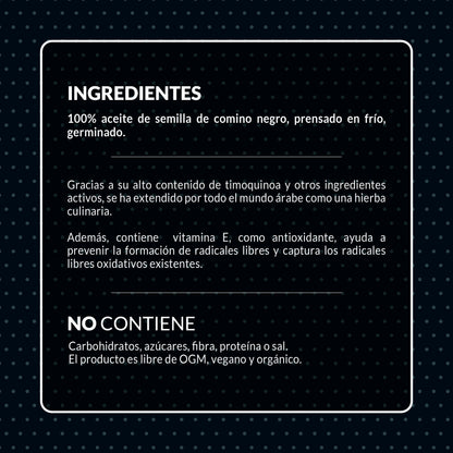Ingredientes y beneficios del aceite de comino negro germinado ecológico elaborado con Nigella Sativa.