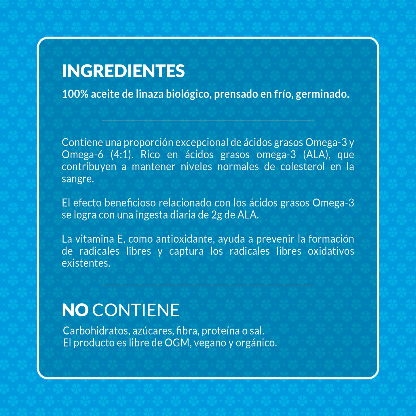 Ingredientes y beneficios del aceite de linaza ecológico prensado en frío con omega 3 vegetal.