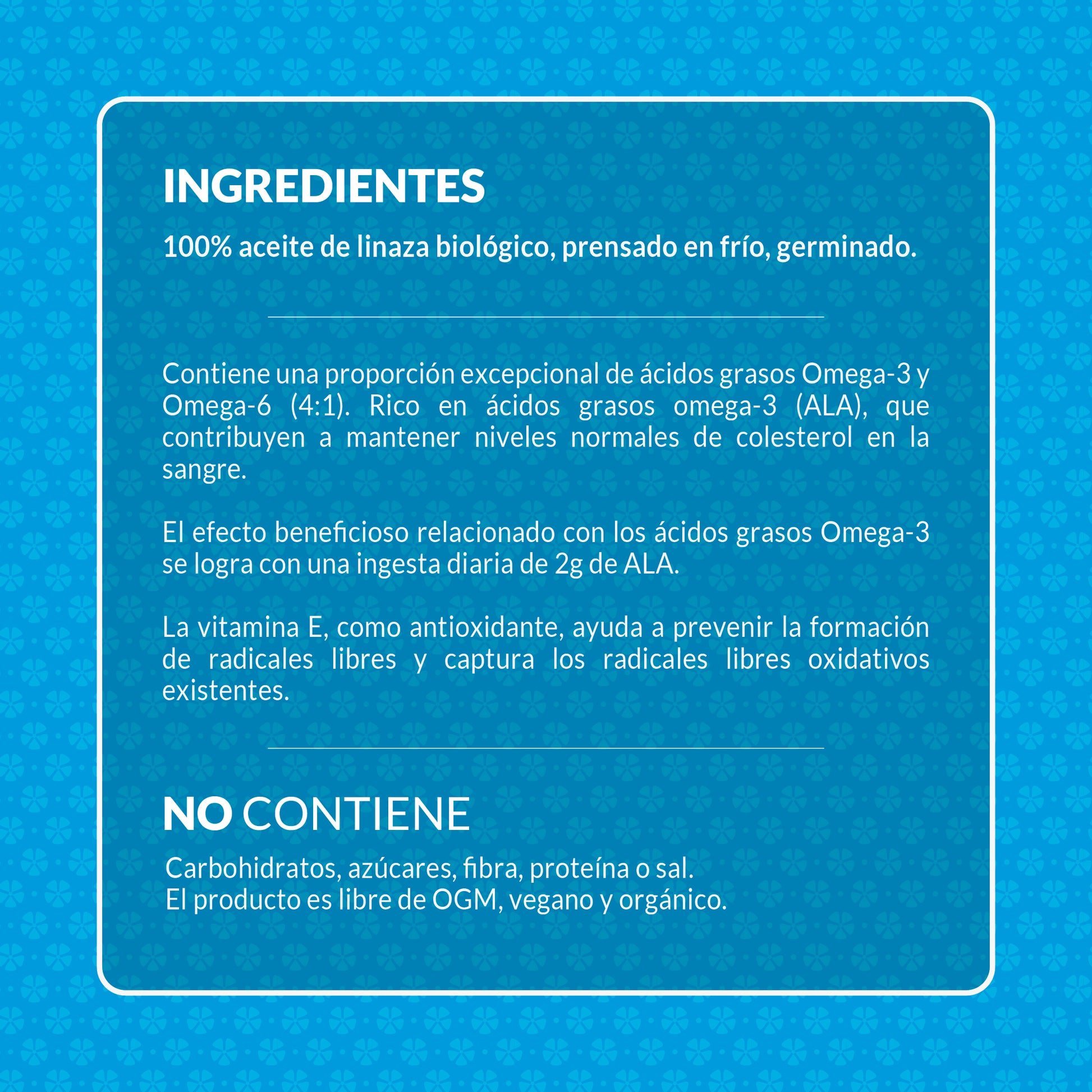 Ingredientes y beneficios del aceite de linaza ecológico prensado en frío con omega 3 vegetal.