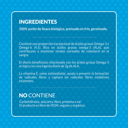 Ingredientes y beneficios del aceite de linaza ecológico prensado en frío con omega 3 vegetal.