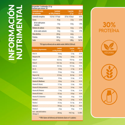 Información nutricional del batido de proteína vegetal sabor caramelo Living Foods.