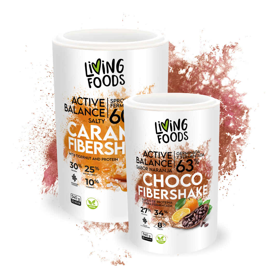Pack Active Balance de Living Foods con Choco Fibershake y Caramel Fibershake.