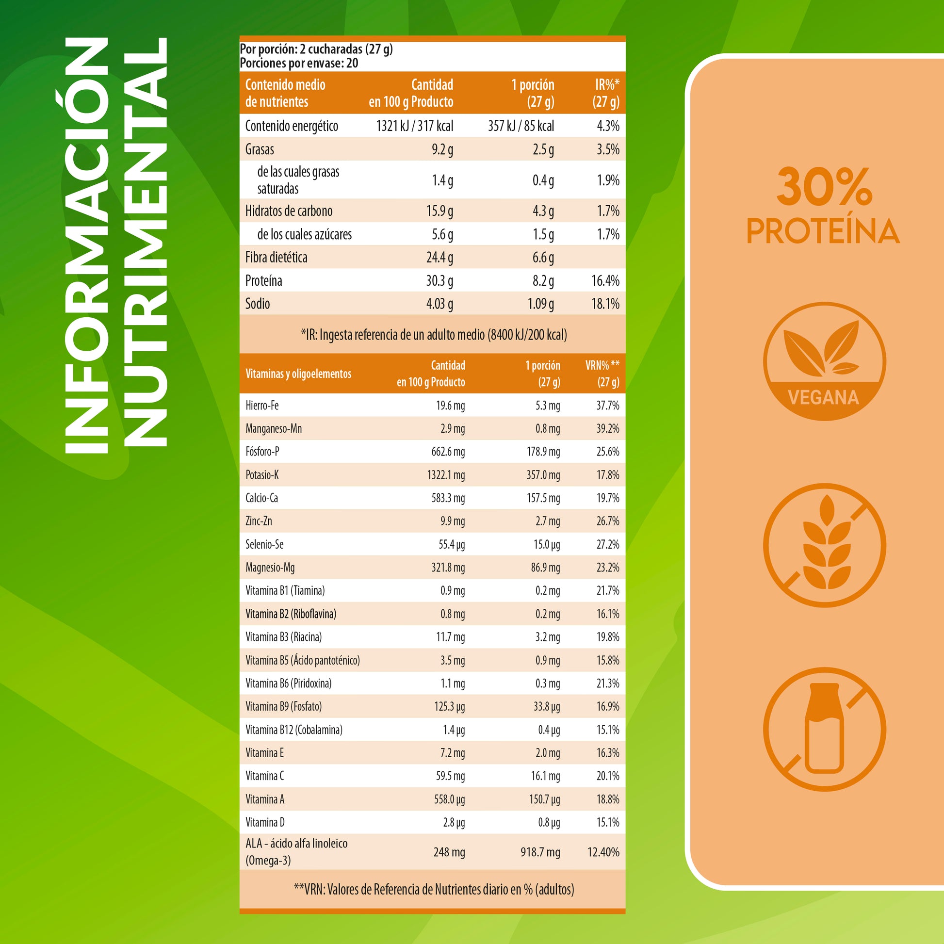 Información nutricional del Pack Active Balance caramelo Living Foods.