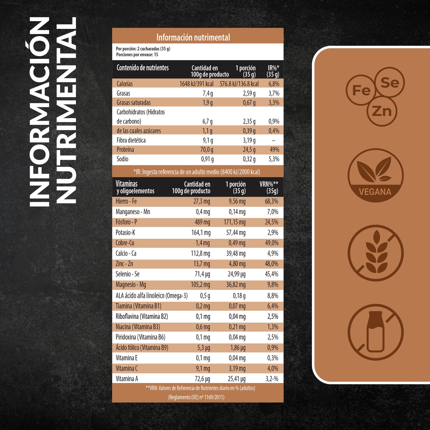 Información nutricional de la proteína vegana Sport sabor chocolate Living Foods.