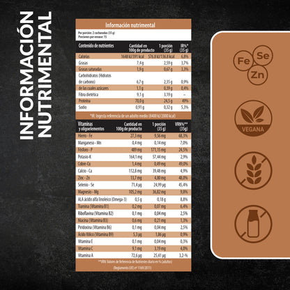 Información nutricional de la proteína vegana Sport sabor chocolate Living Foods.