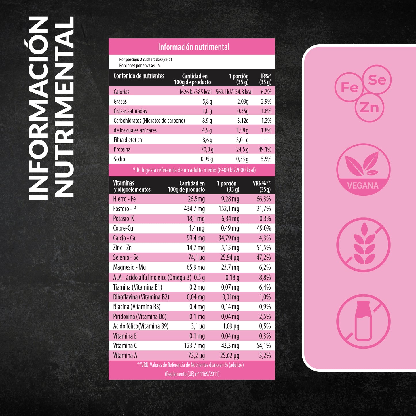 Información nutricional de la proteína vegana Sport sabor fresa Living Foods.