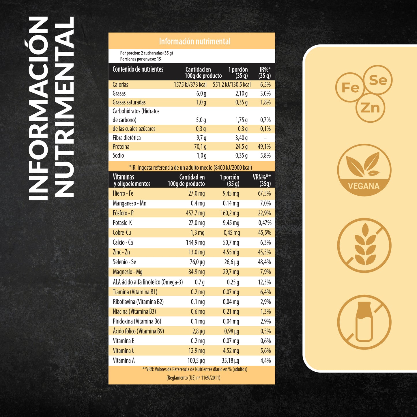 Información nutricional de la proteína vegana Sport sabor vainilla Living Foods.