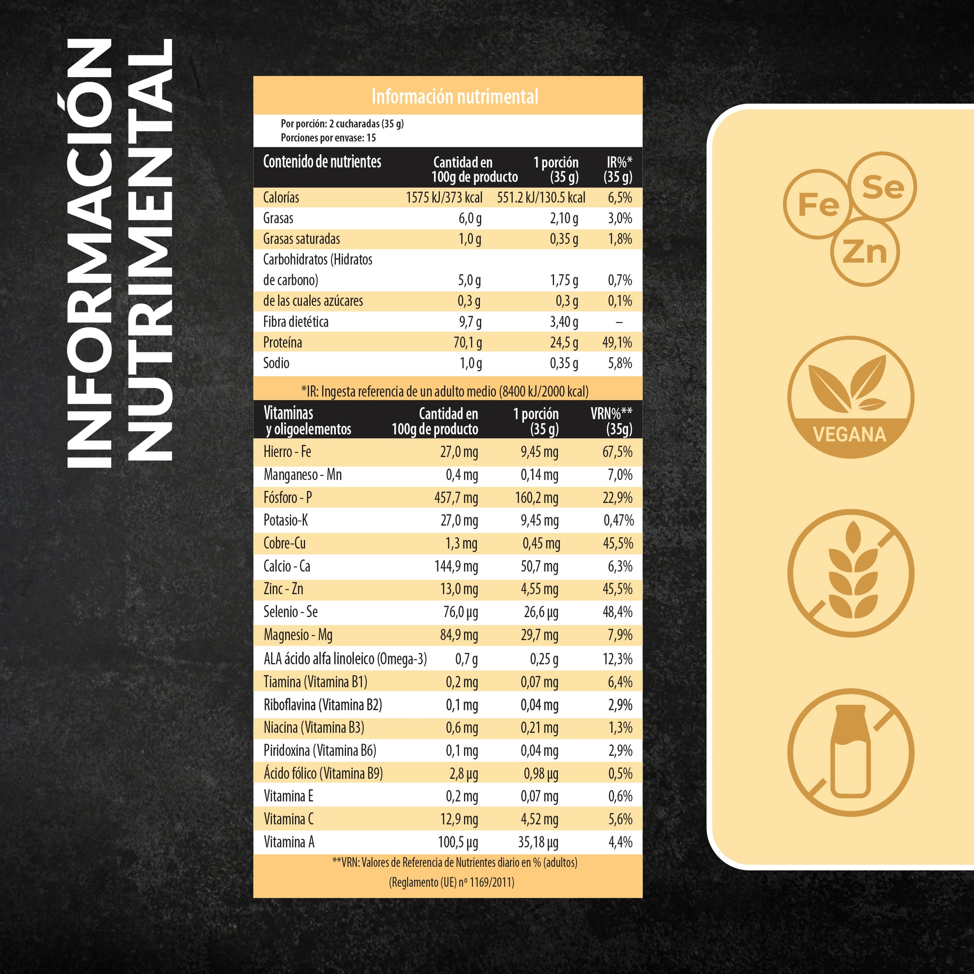 Información nutricional de la proteína vegana Sport sabor vainilla Living Foods.