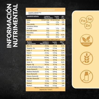 Información nutricional de la proteína vegana Sport sabor vainilla Living Foods.