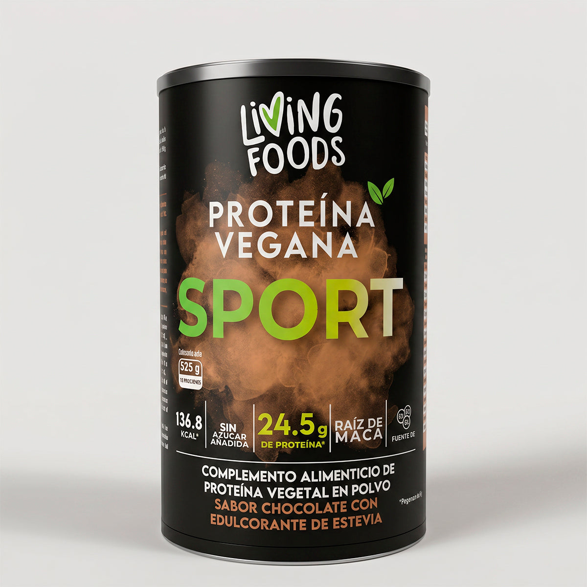 Proteína vegana Sport sabor chocolate de Living Foods con 24,5 g de proteína por porción.