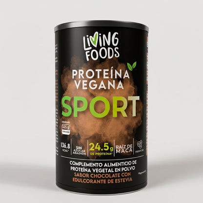 Proteína vegana Sport sabor chocolate de Living Foods con 24,5 g de proteína por porción.