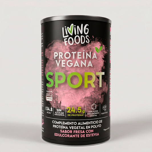 Proteína vegana Sport sabor fresa de Living Foods con semillas germinadas.