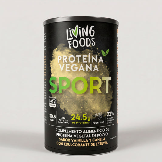 Proteína vegana Sport sabor vainilla Bourbon de Living Foods con 70 % de proteína.