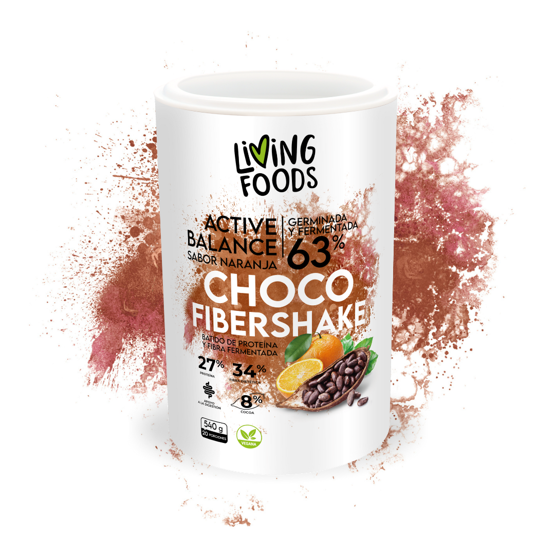 Batido de proteína vegetal sabor chocolate de Living Foods con fibra y alta digestibilidad.