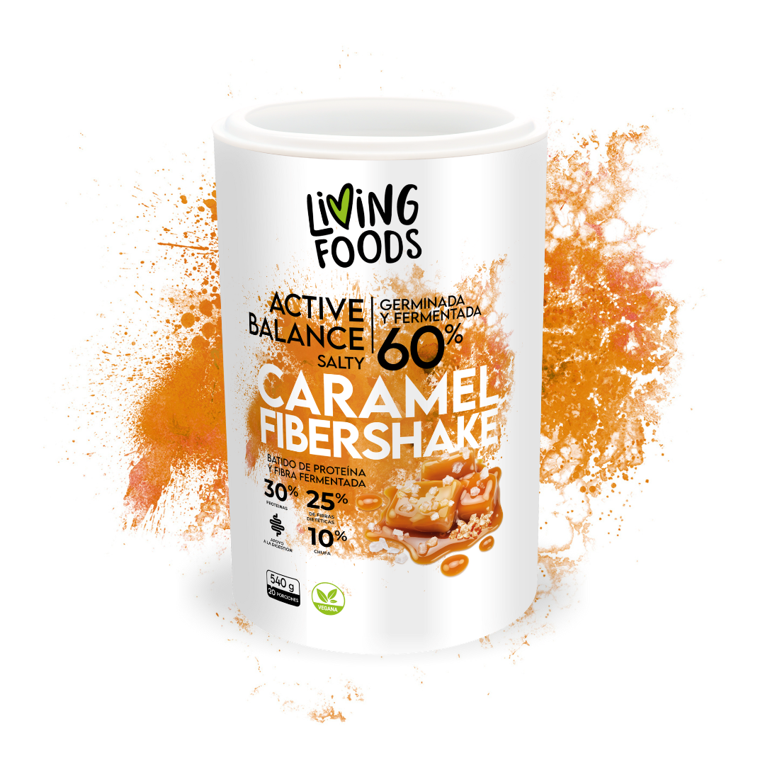 Batido de proteína vegetal vegana sabor caramelo de Living Foods con fibra y alta digestibilidad.