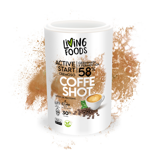 Batido de proteína vegetal vegana sabor coffe shot de Living Foods con fibra y alta digestibilidad