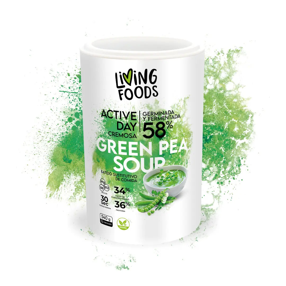 Batido de proteína vegetal vegana sabor chícharo green pea soup de Living Foods con fibra y alta digestibilidad.