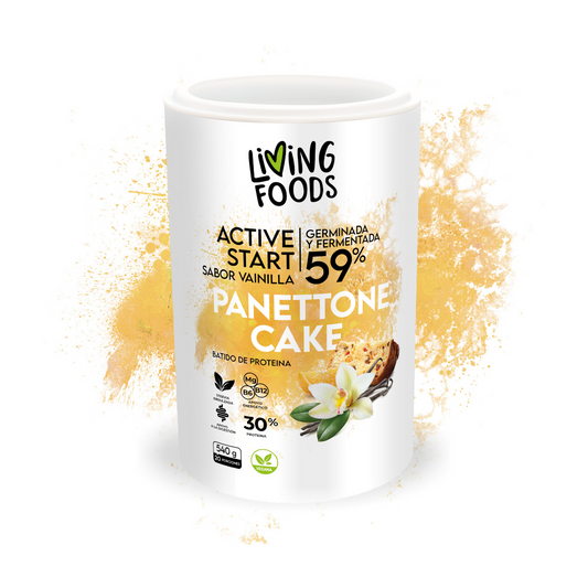 Batido de proteína vegetal vegana sabor Panettone cake de Living Foods con fibra y alta digestibilidad.