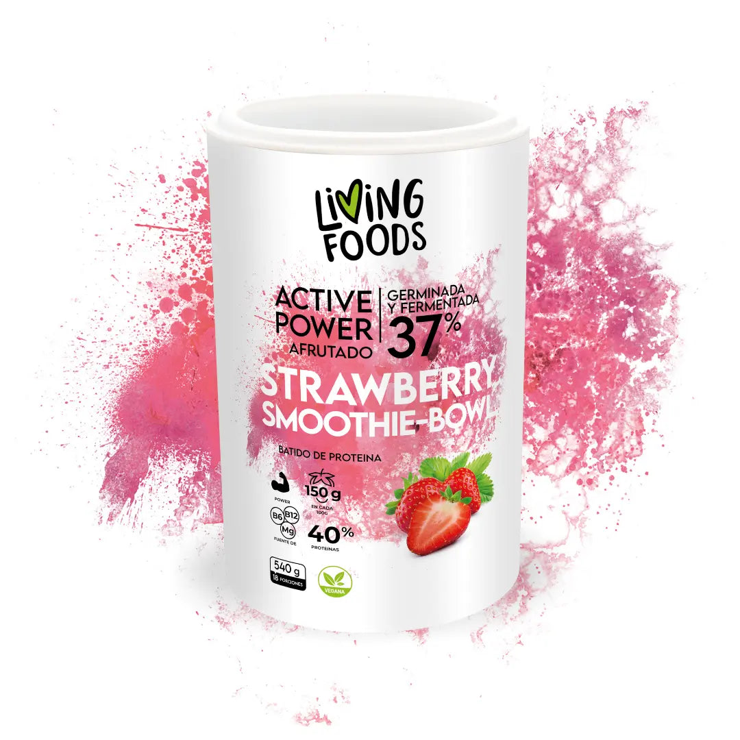 Batido de proteína vegetal vegana sabor fresa strawberry smoothie bowl de Living Foods con fibra y alta digestibilidad.