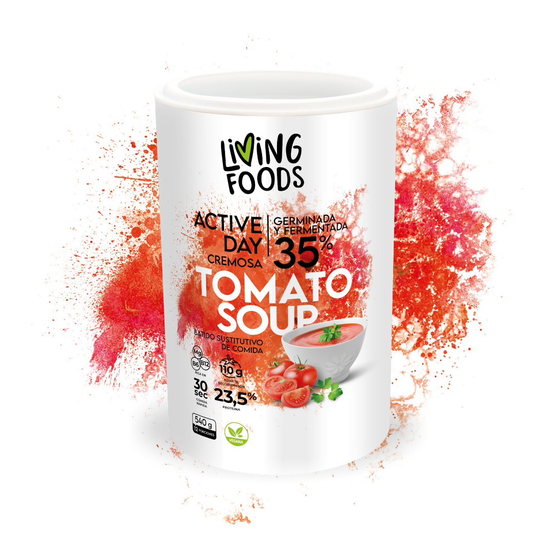 Batido de proteína vegetal vegana sabor tomate tomato soup de Living Foods con fibra y alta digestibilidad.