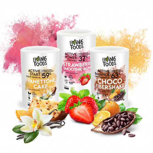 Selección de sabores de superalimentos Living Foods con opciones de café, vainilla, fresa, chocolate y caramelo salado.