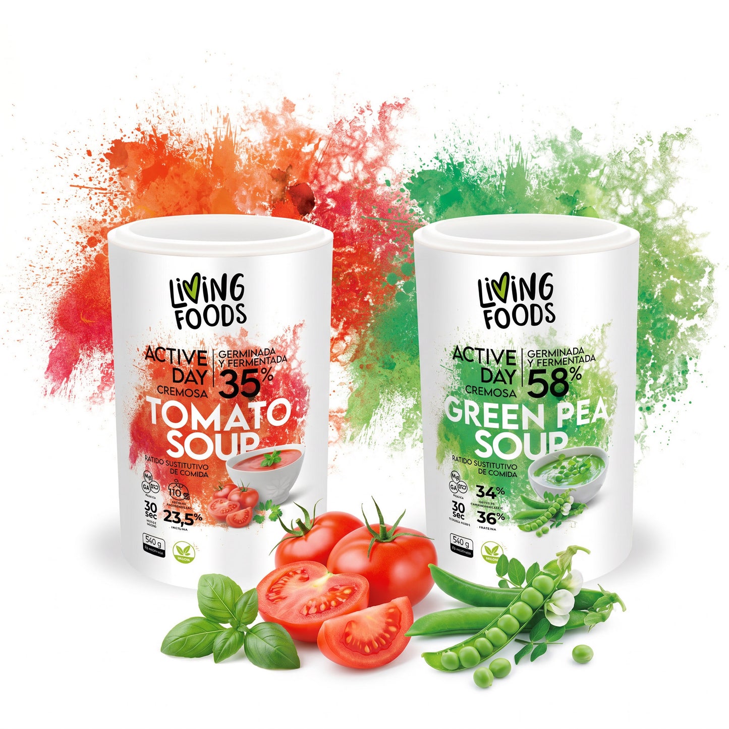 Selección de sabores de superalimentos Living Foods con opciones de tomate y chicharo