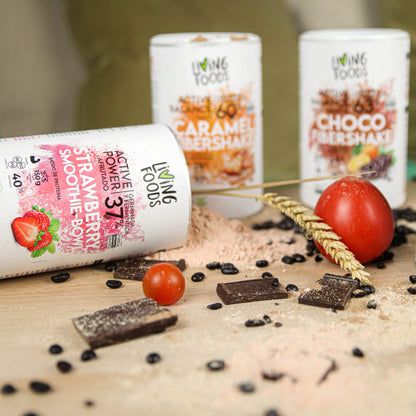 Selección de sabores de superalimentos Living Foods con opciones de café, vainilla, fresa, chocolate y caramelo salado.