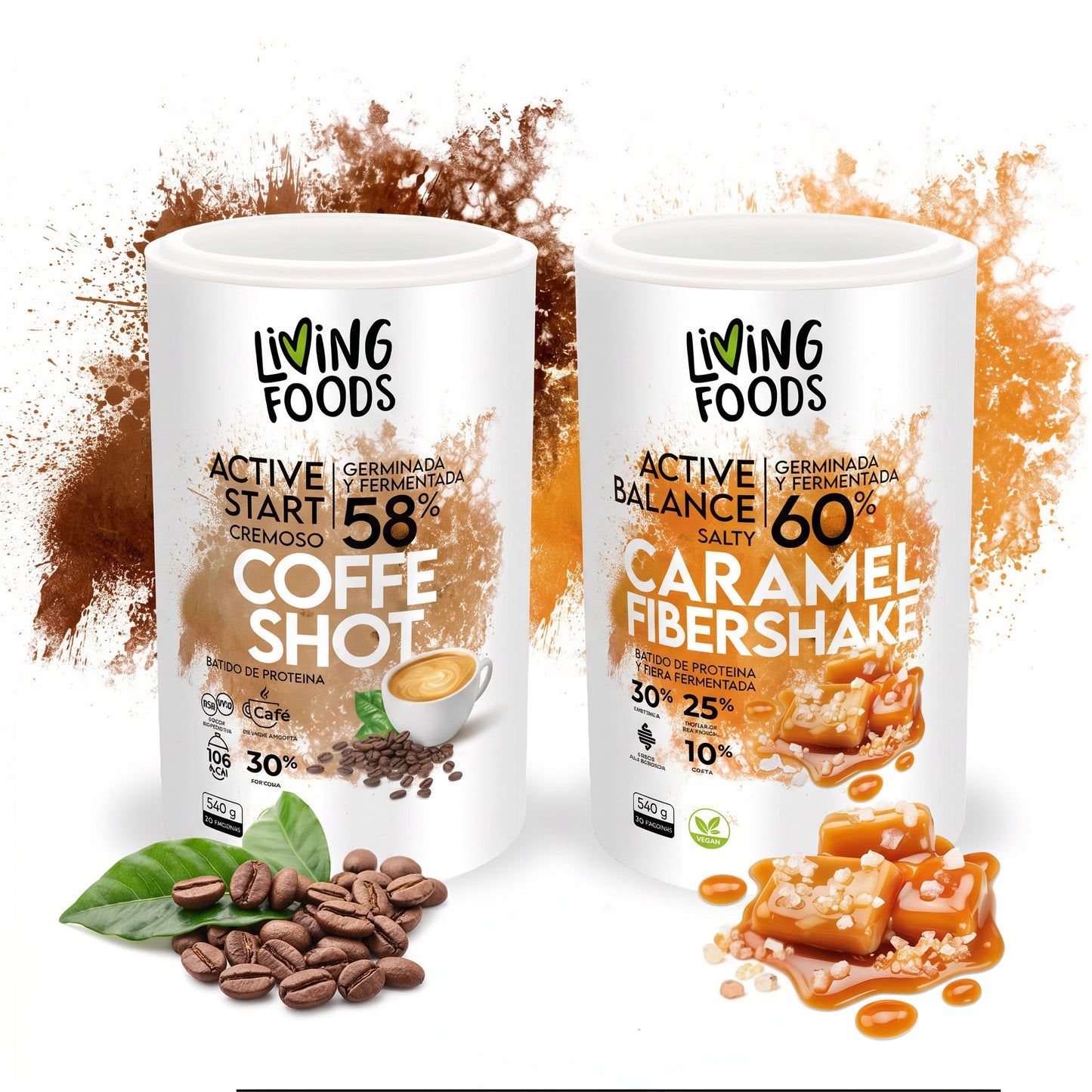 Selección de sabores de superalimentos Living Foods con opciones de café, vainilla, fresa, chocolate y caramelo salado.