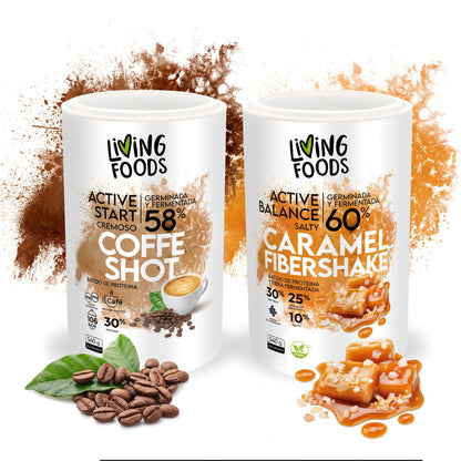 Selección de sabores de superalimentos Living Foods con opciones de café, vainilla, fresa, chocolate y caramelo salado.
