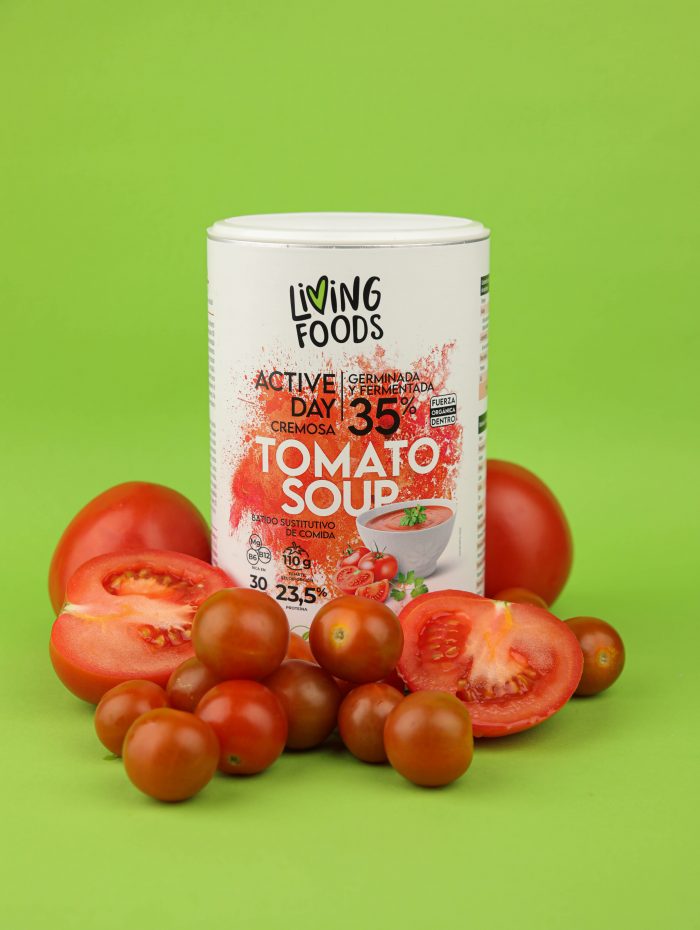 Sopa de tomate con semillas terminadas y fermentadas 100% vegetales.